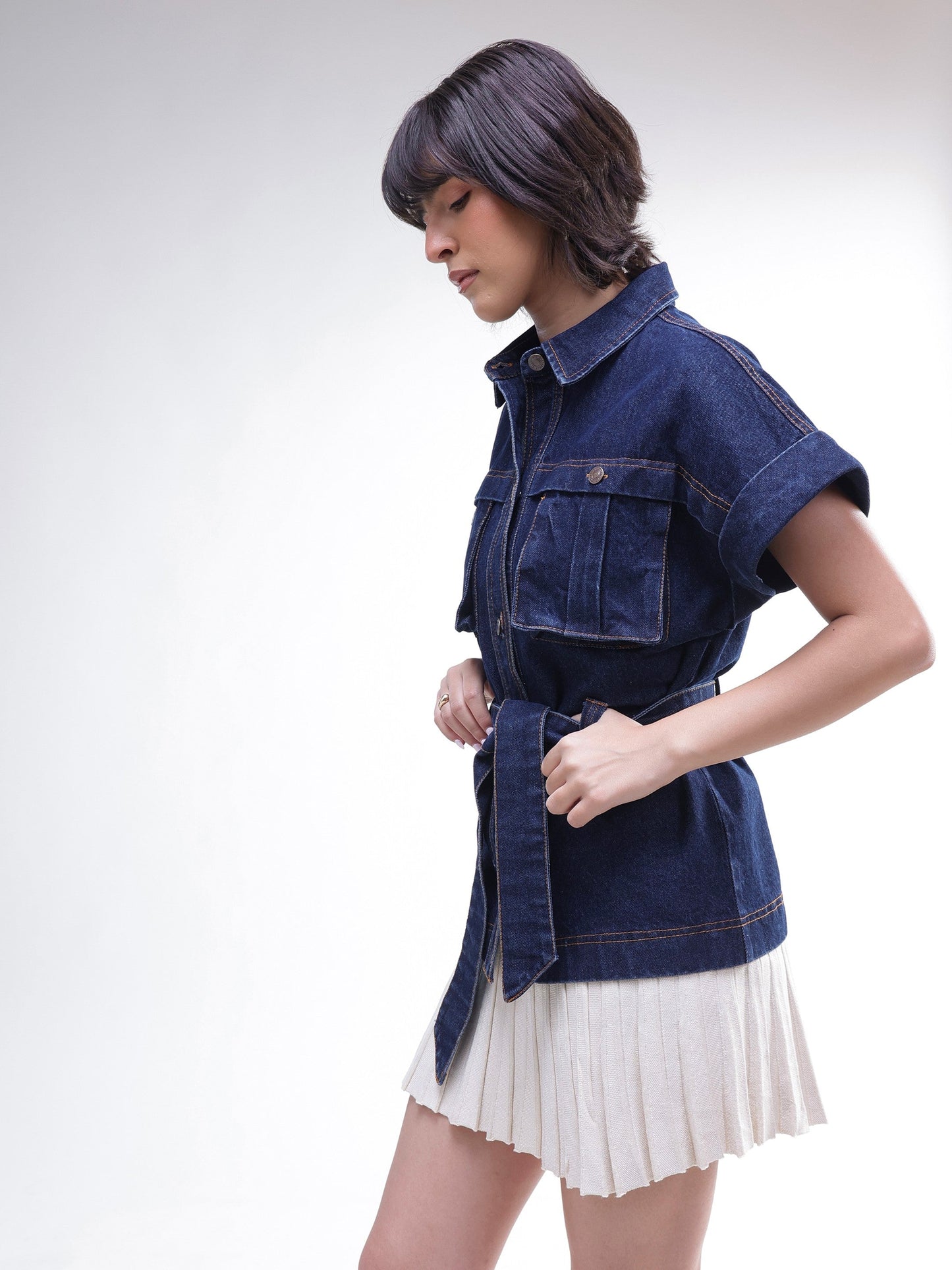 Women Navy Denim Front Box Pockets Gillet
