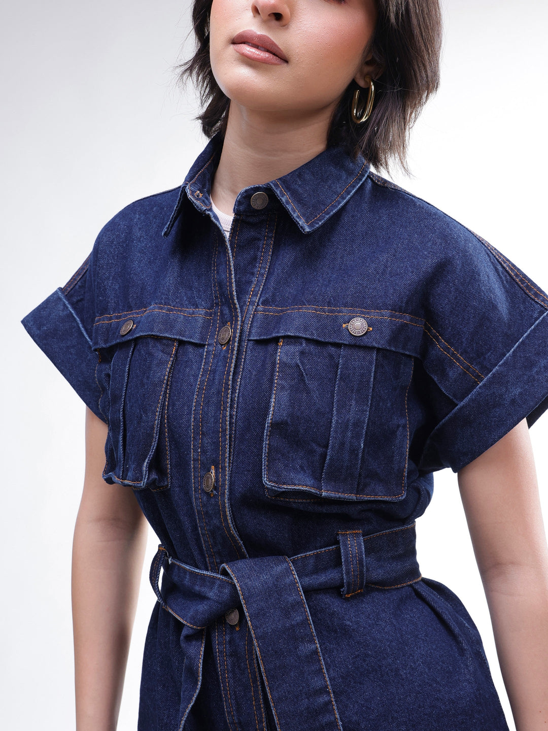 Women Navy Denim Front Box Pockets Gillet