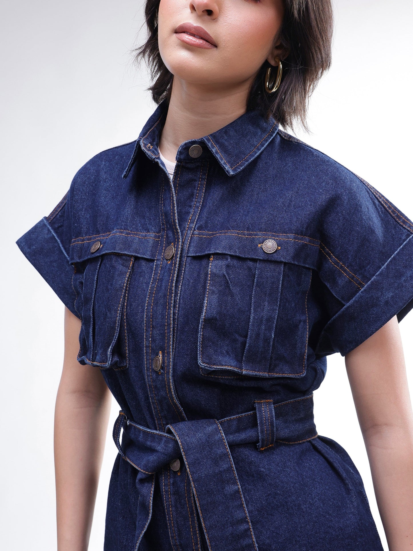 Women Navy Denim Front Box Pockets Gillet