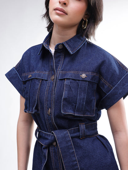 Women Navy Denim Front Box Pockets Gillet