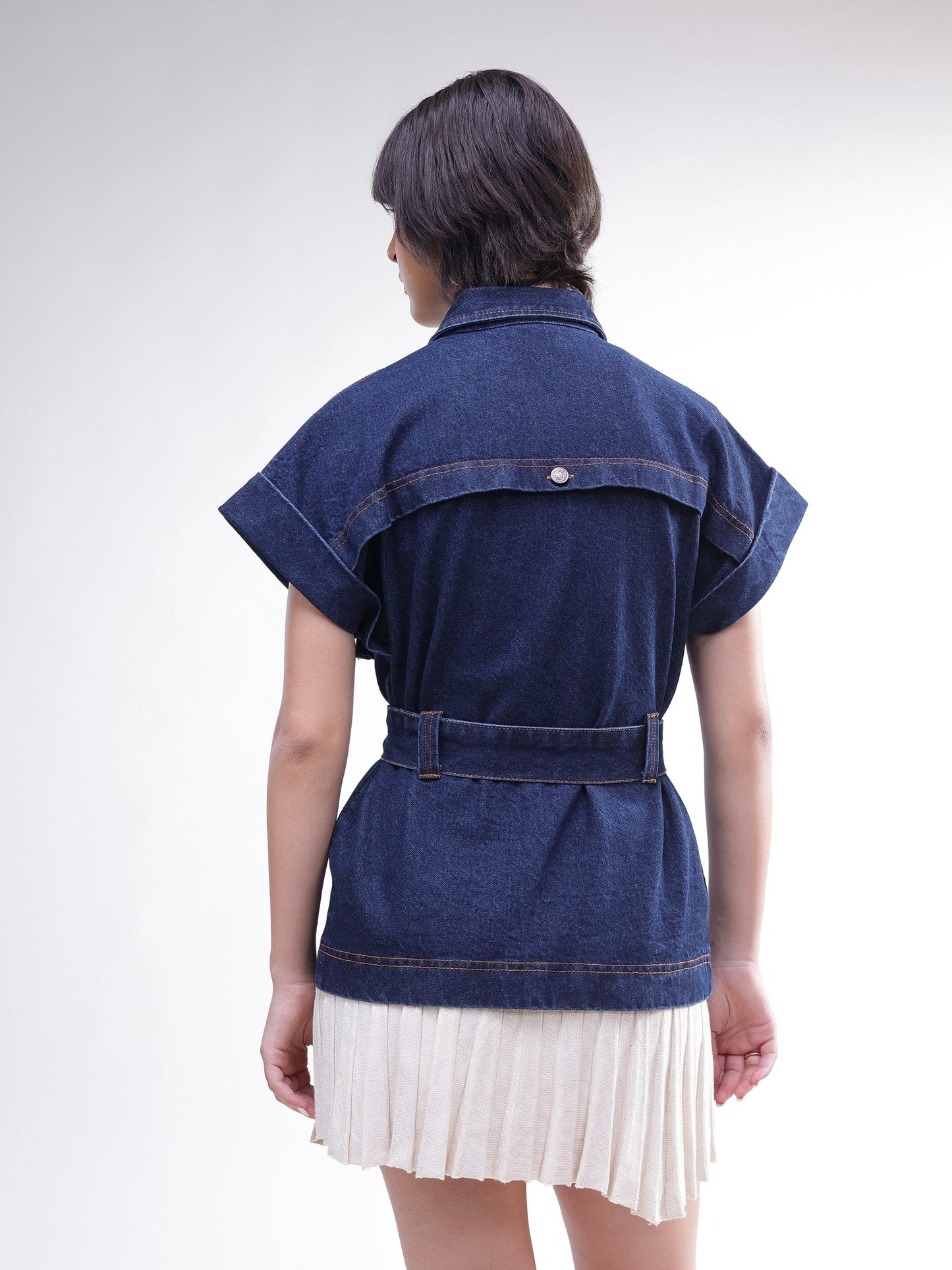 Women Navy Denim Front Box Pockets Gillet