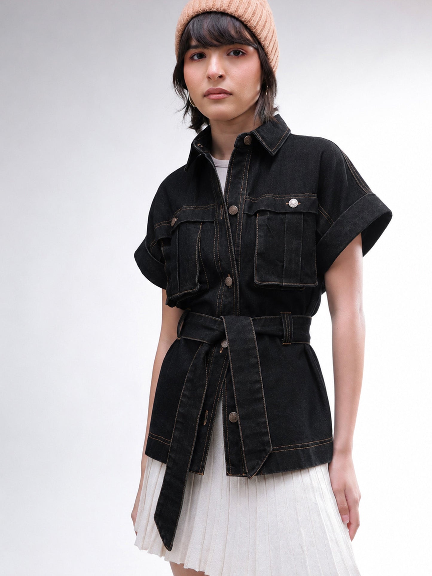 Women Black Denim Front Box Pockets Gillet