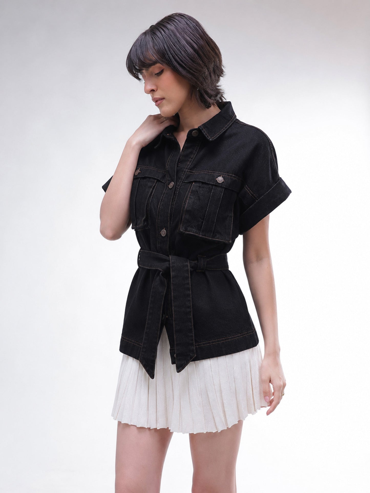 Women Black Denim Front Box Pockets Gillet