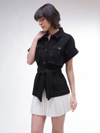 Women Black Denim Front Box Pockets Gillet