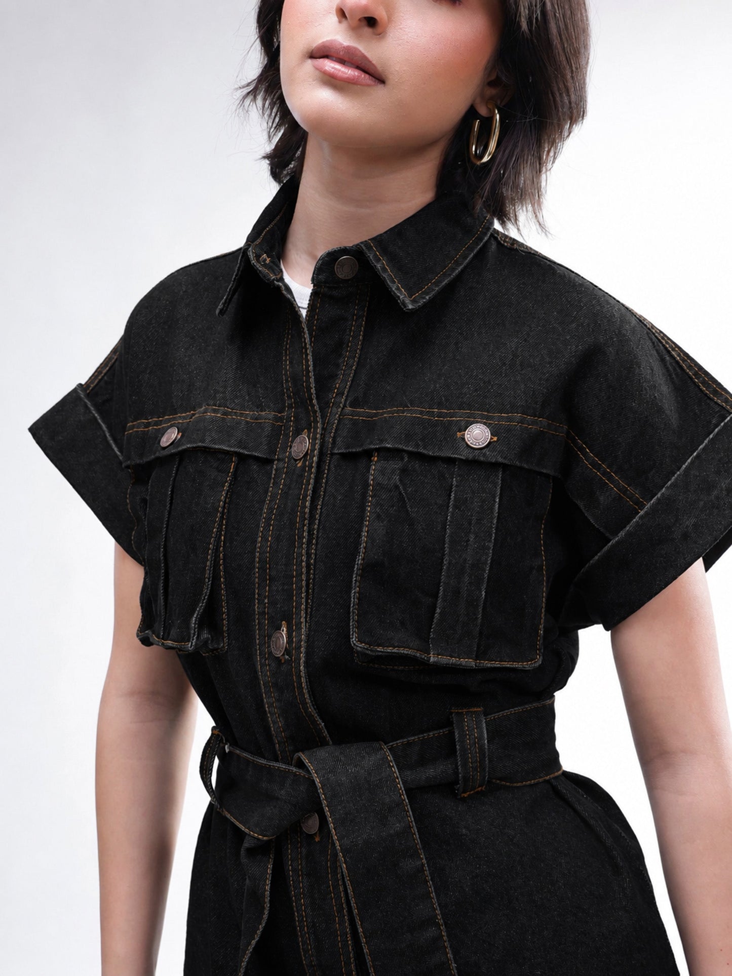 Women Black Denim Front Box Pockets Gillet