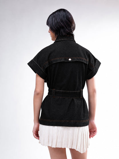 Women Black Denim Front Box Pockets Gillet
