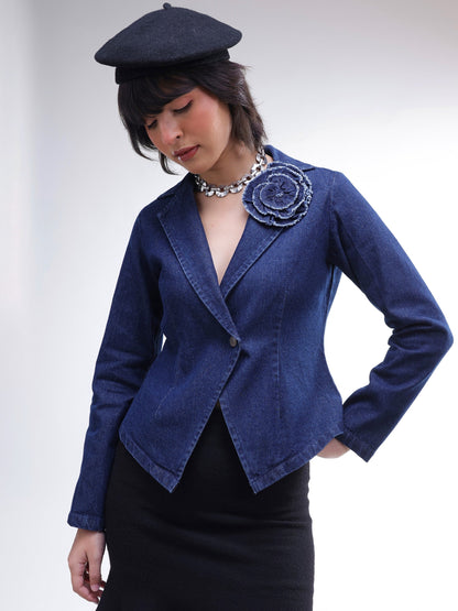 Women Navy Denim Front Corsage Blazer
