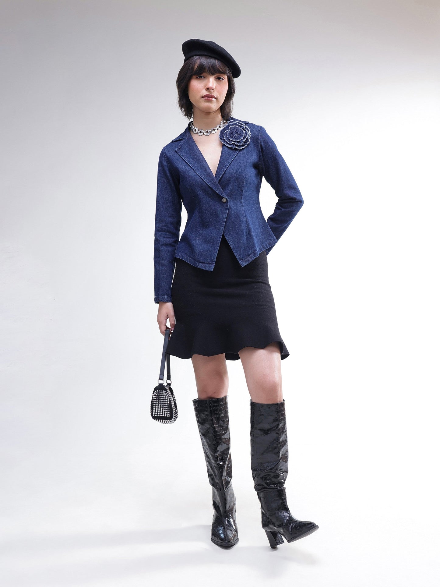 Women Navy Denim Front Corsage Blazer