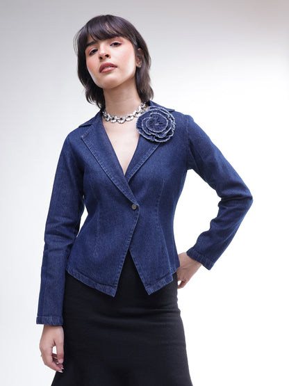 Women Navy Denim Front Corsage Blazer