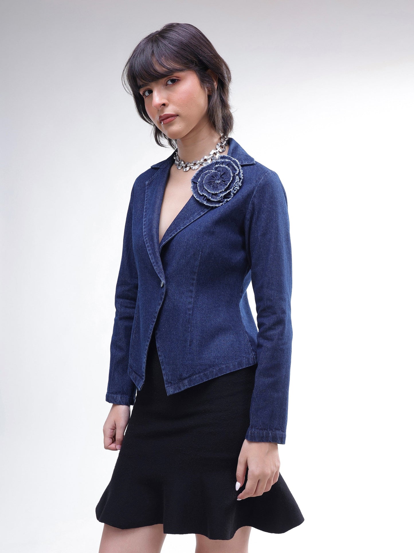 Women Navy Denim Front Corsage Blazer