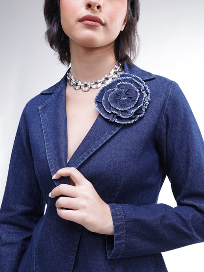 Women Navy Denim Front Corsage Blazer