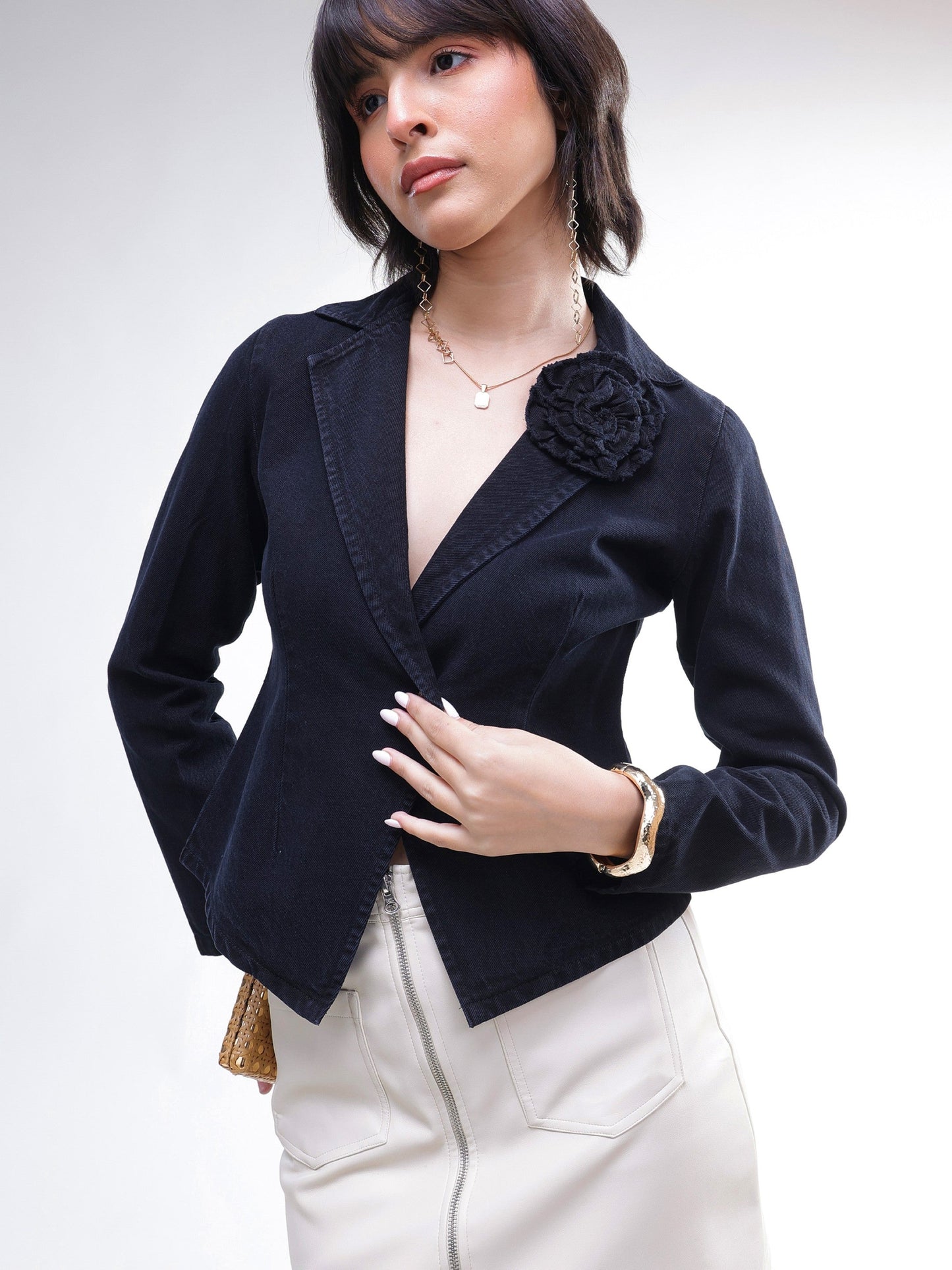 Women Black Denim Front Corsage Blazer