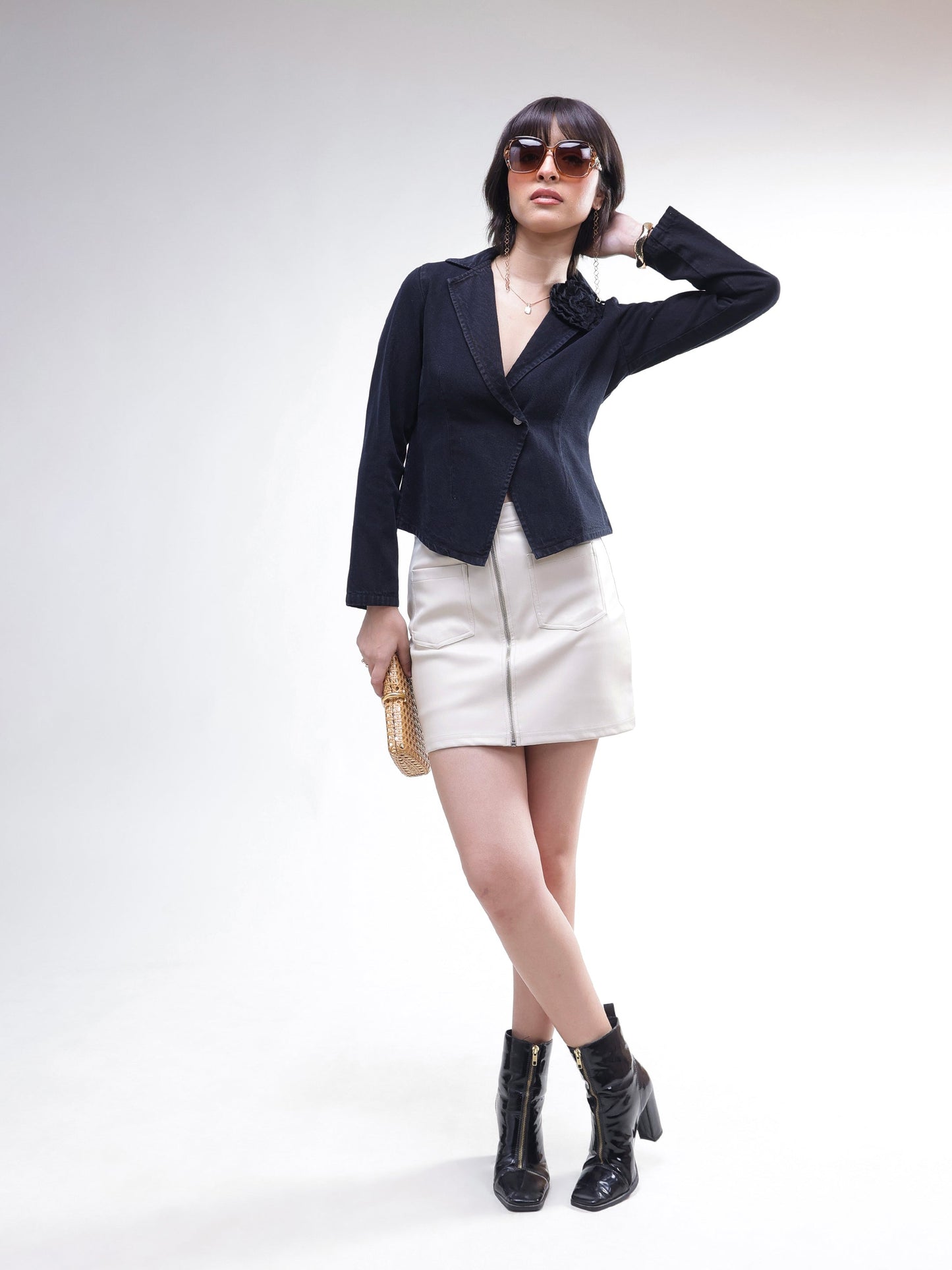 Women Black Denim Front Corsage Blazer
