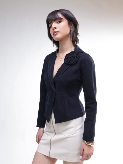Women Black Denim Front Corsage Blazer