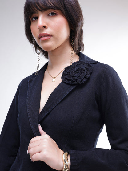 Women Black Denim Front Corsage Blazer