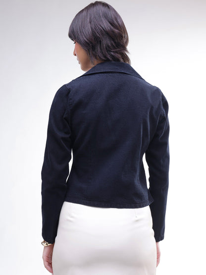 Women Black Denim Front Corsage Blazer