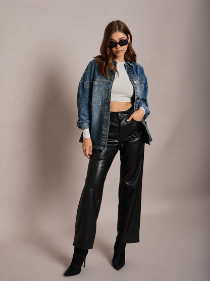 Women Blue Wash Denim Oversized Jacket