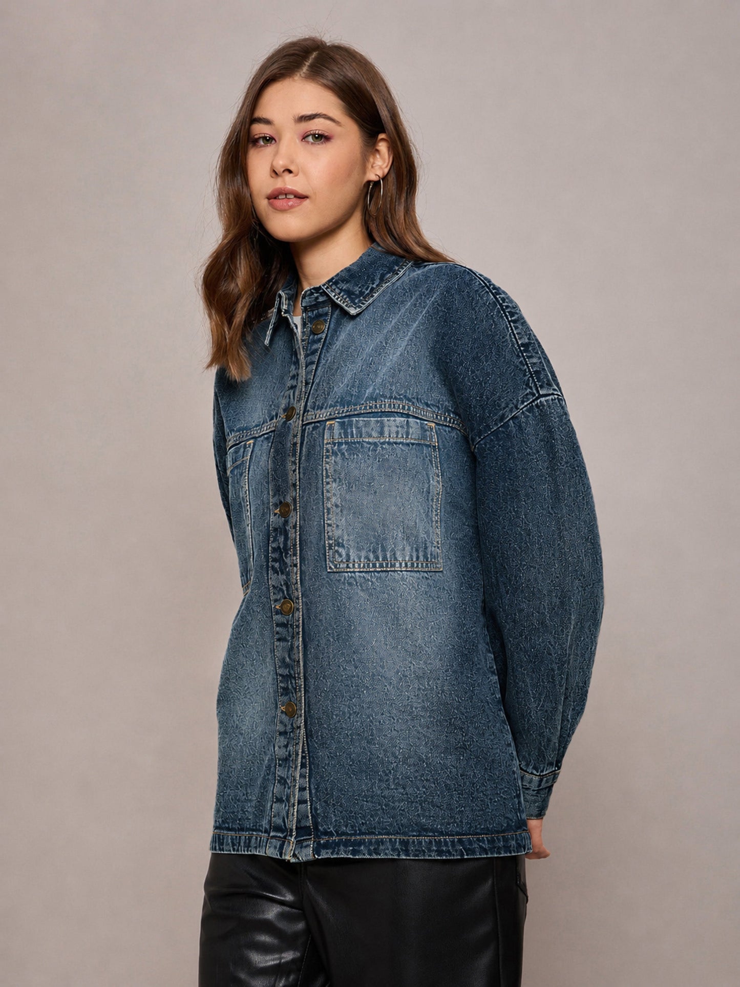 Women Blue Wash Denim Oversized Jacket