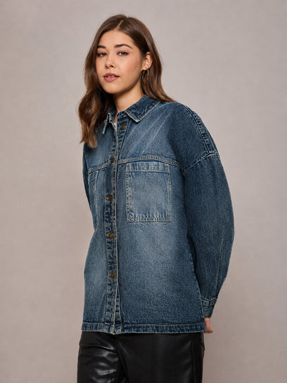 Women Blue Wash Denim Oversized Jacket