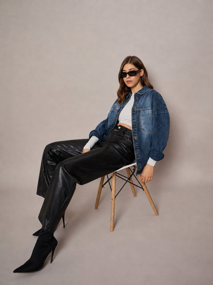 Women Blue Wash Denim Oversized Jacket