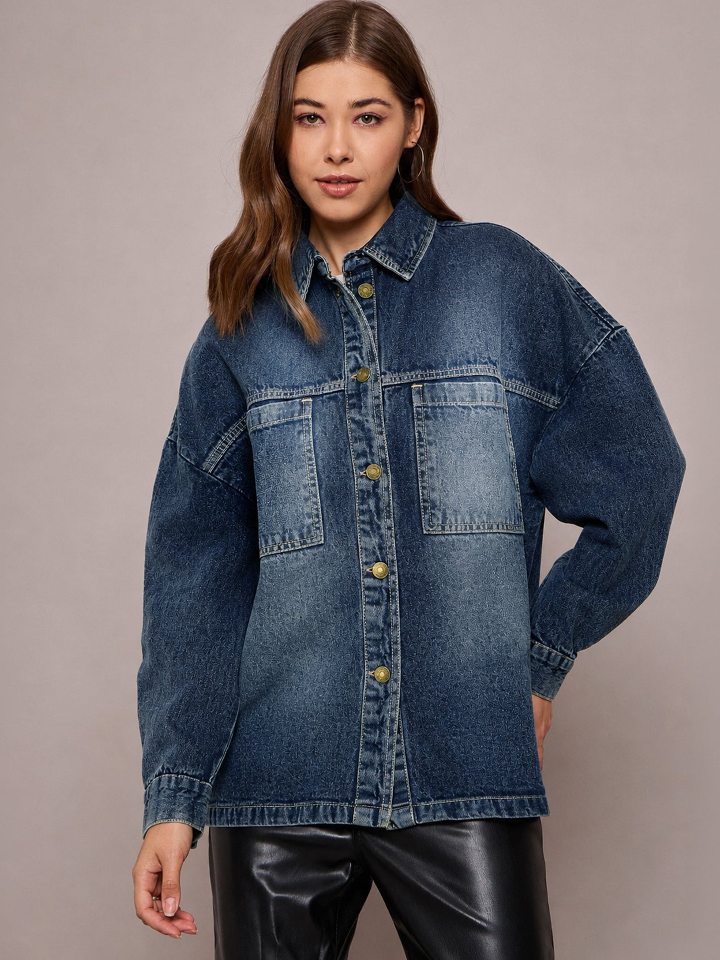 Women Blue Wash Denim Oversized Jacket