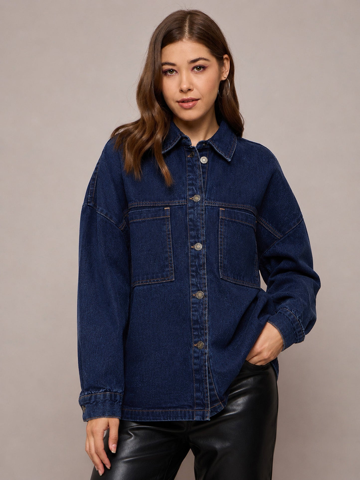 Women Navy Denim Oversized Jacket