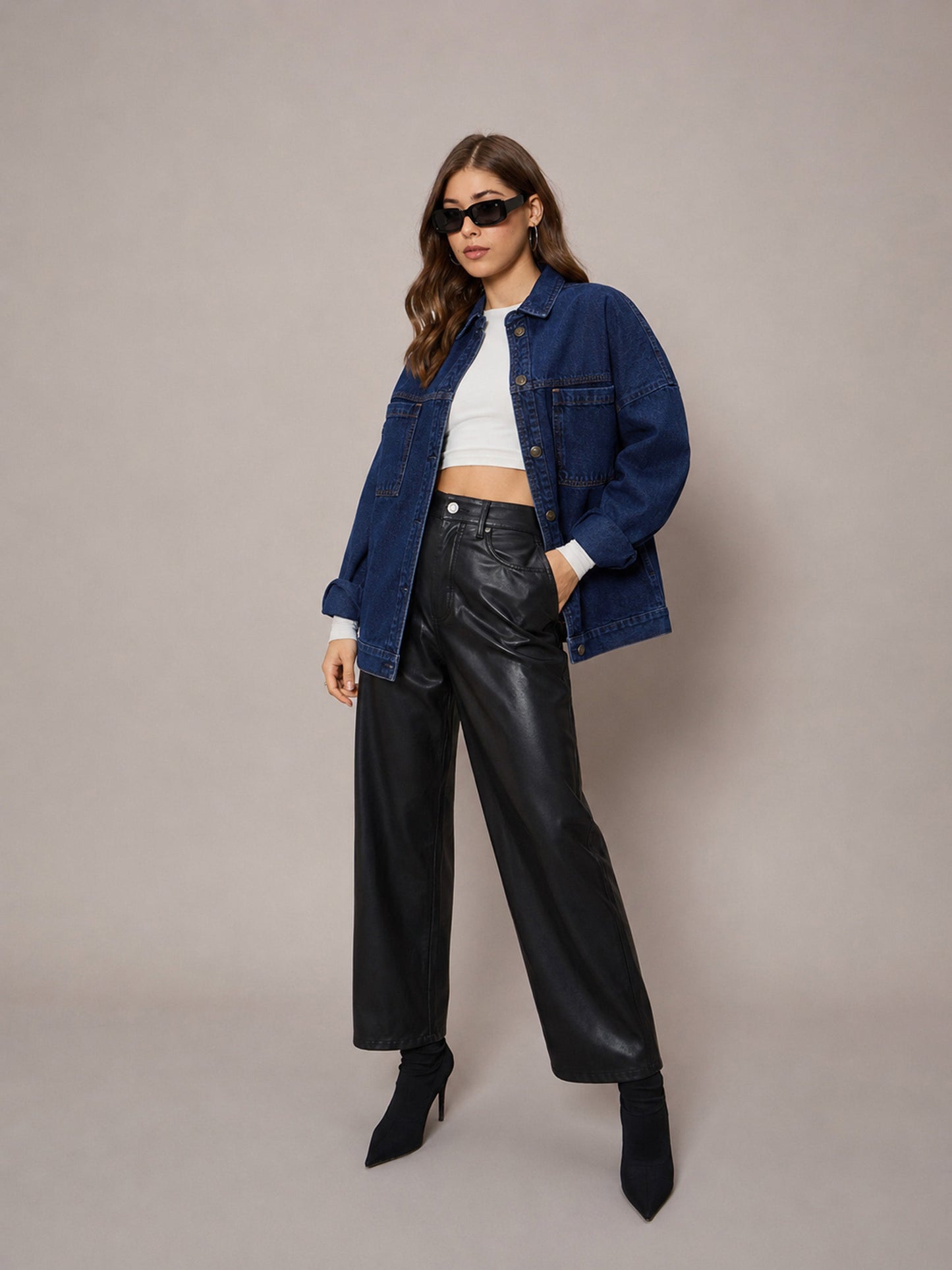 Women Navy Denim Oversized Jacket