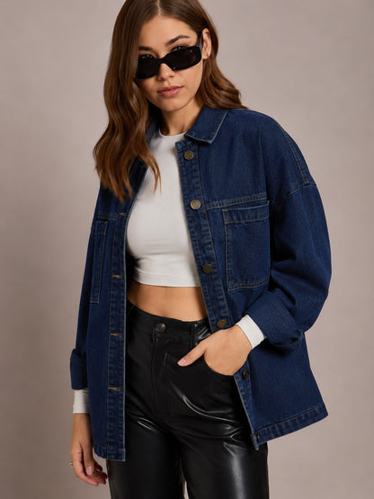Women Navy Denim Oversized Jacket