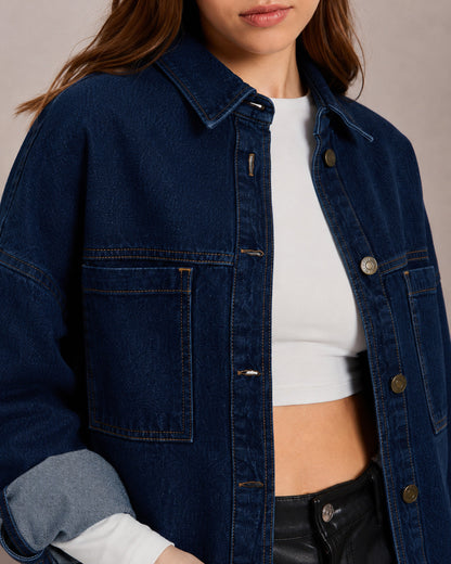 Women Navy Denim Oversized Jacket