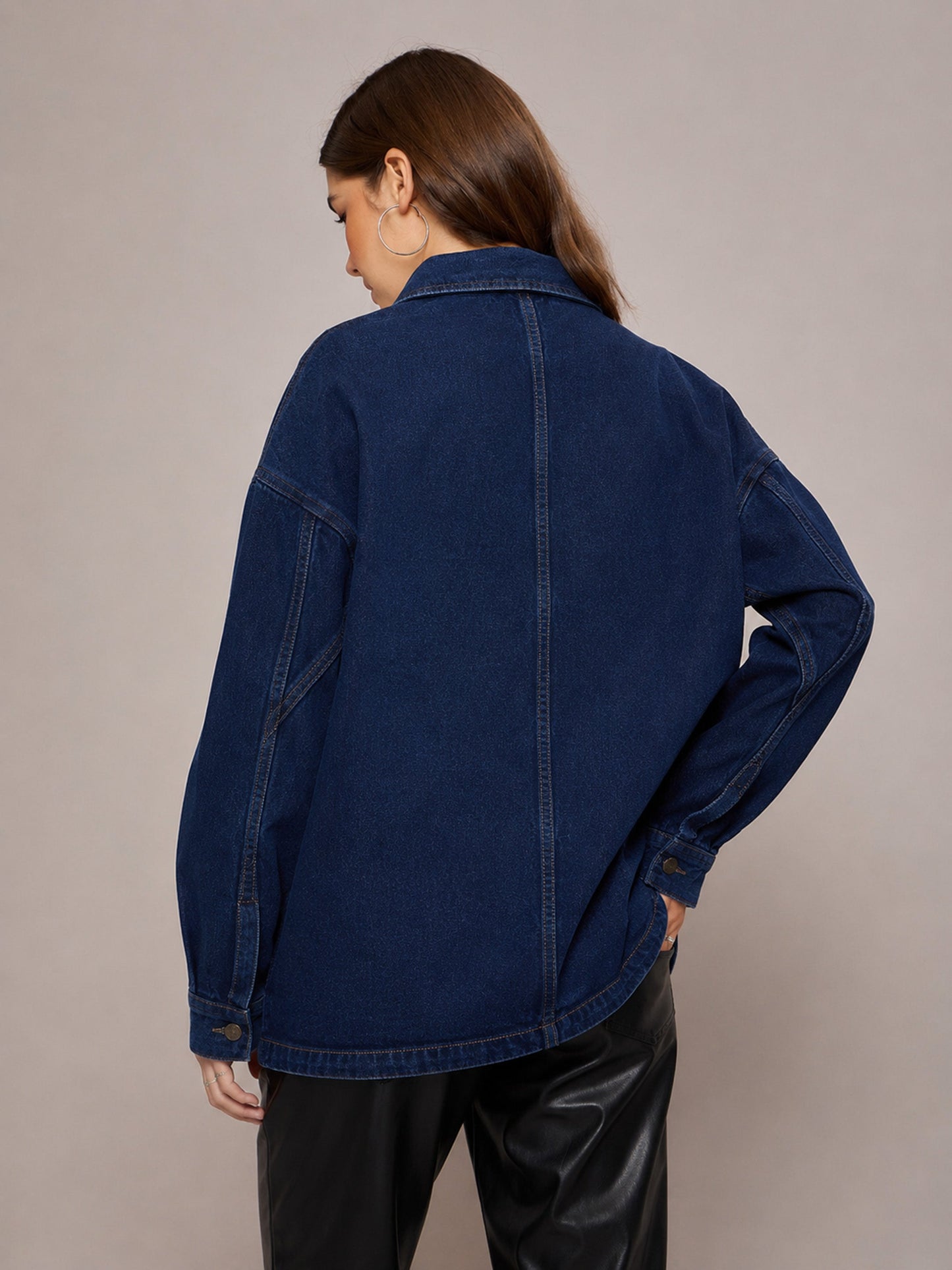 Women Navy Denim Oversized Jacket