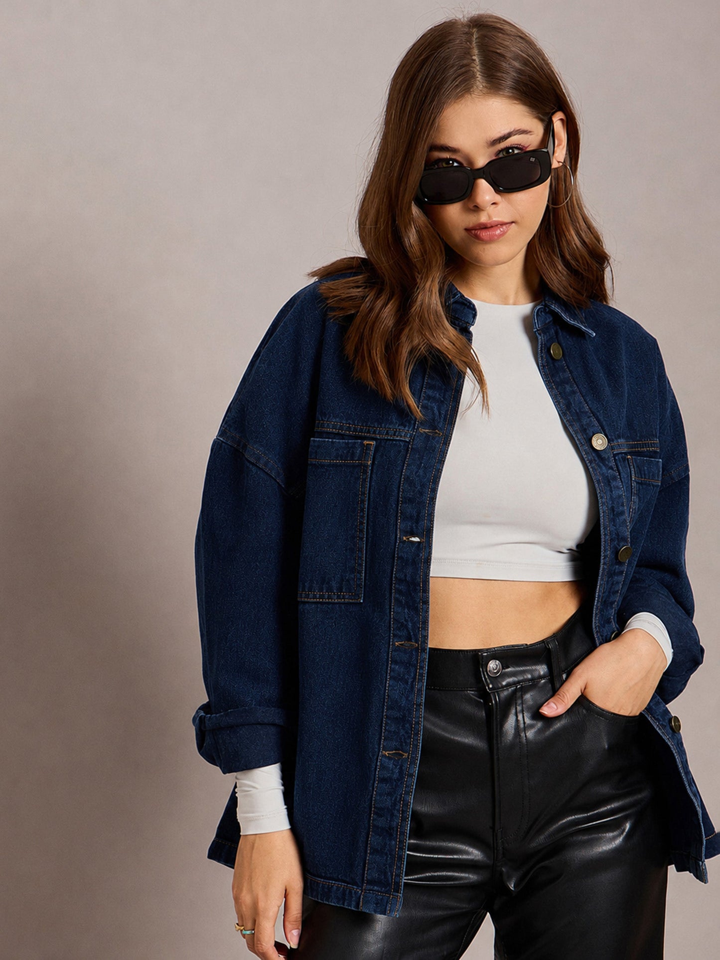 Women Navy Denim Oversized Jacket