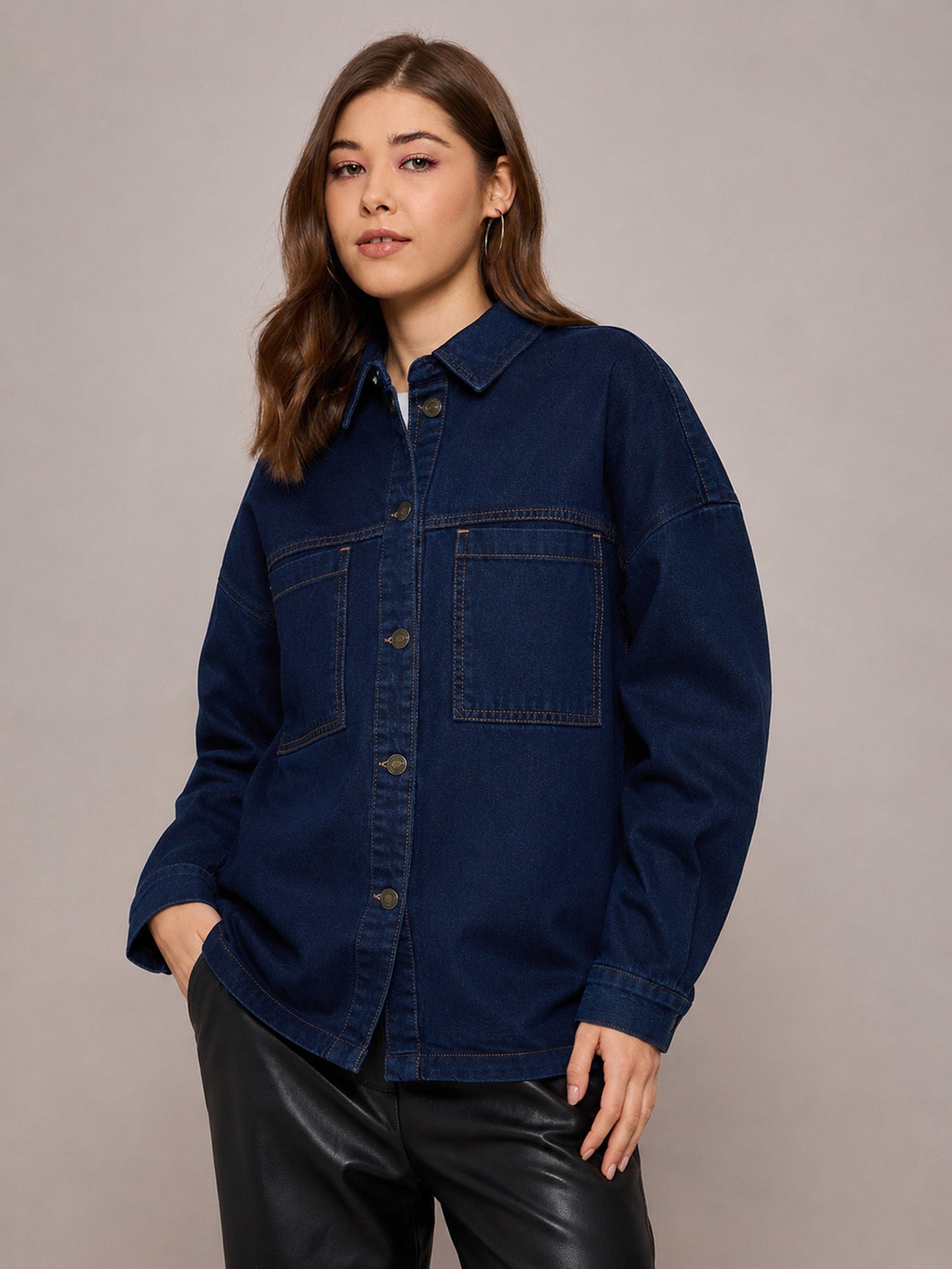 Women Navy Denim Oversized Jacket