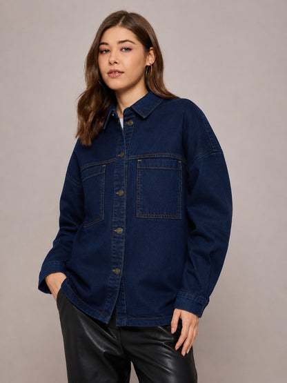 Women Navy Denim Oversized Jacket