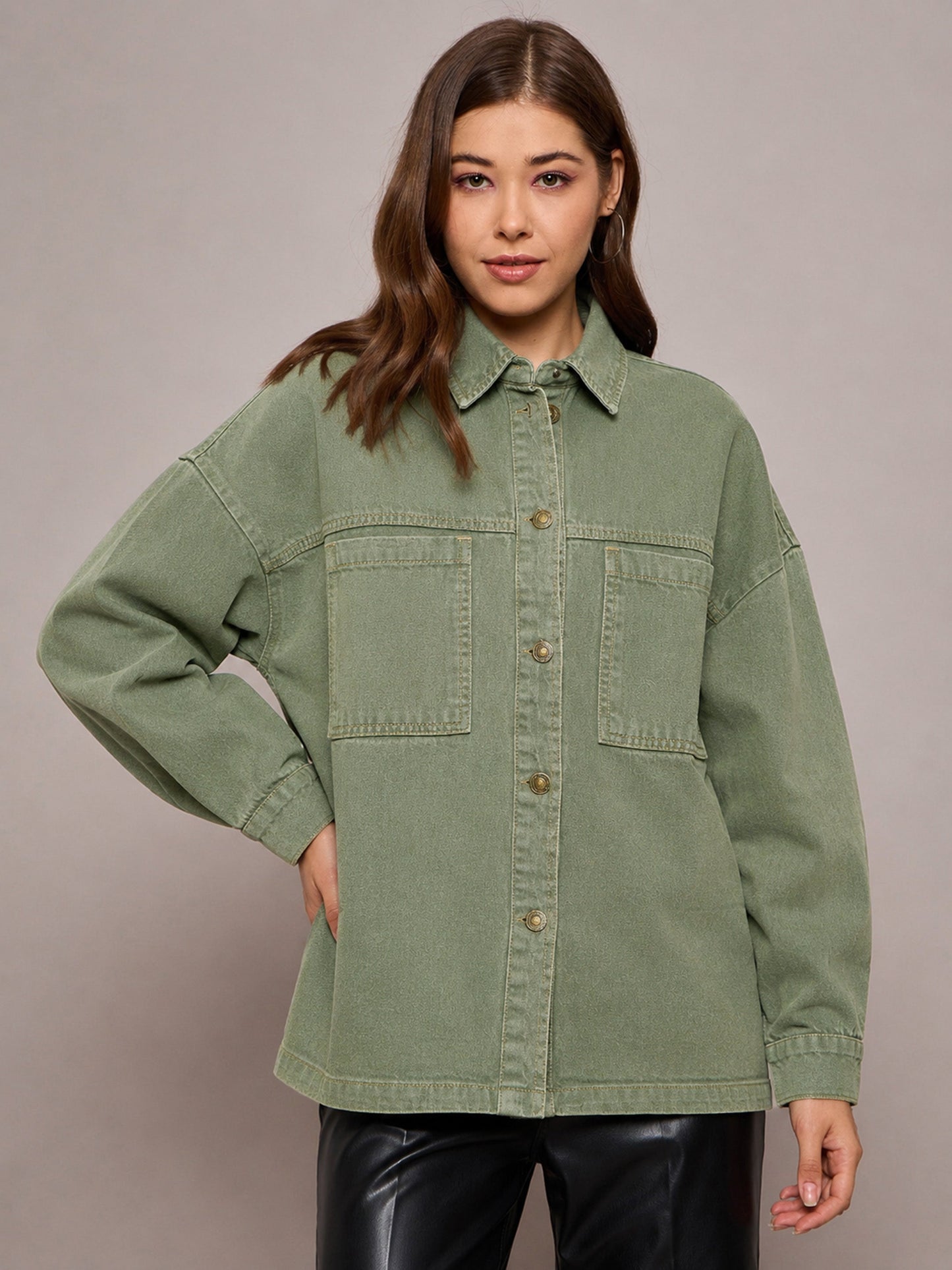 Women Green Denim Oversized Jacket