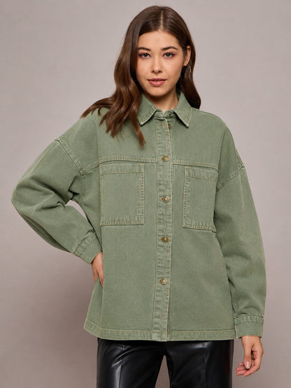 Women Green Denim Oversized Jacket