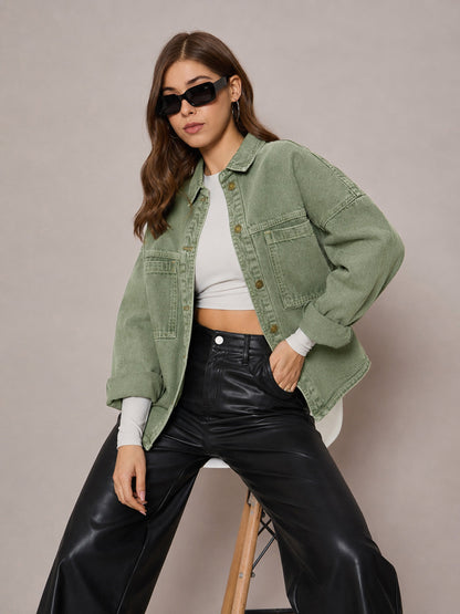 Women Green Denim Oversized Jacket