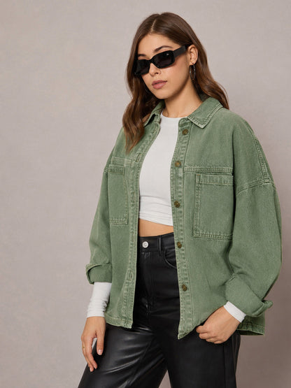 Women Green Denim Oversized Jacket