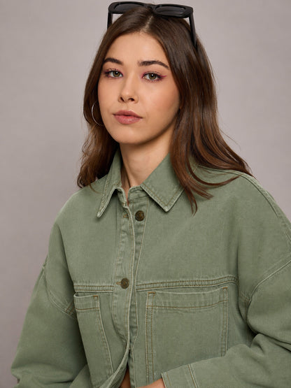 Women Green Denim Oversized Jacket