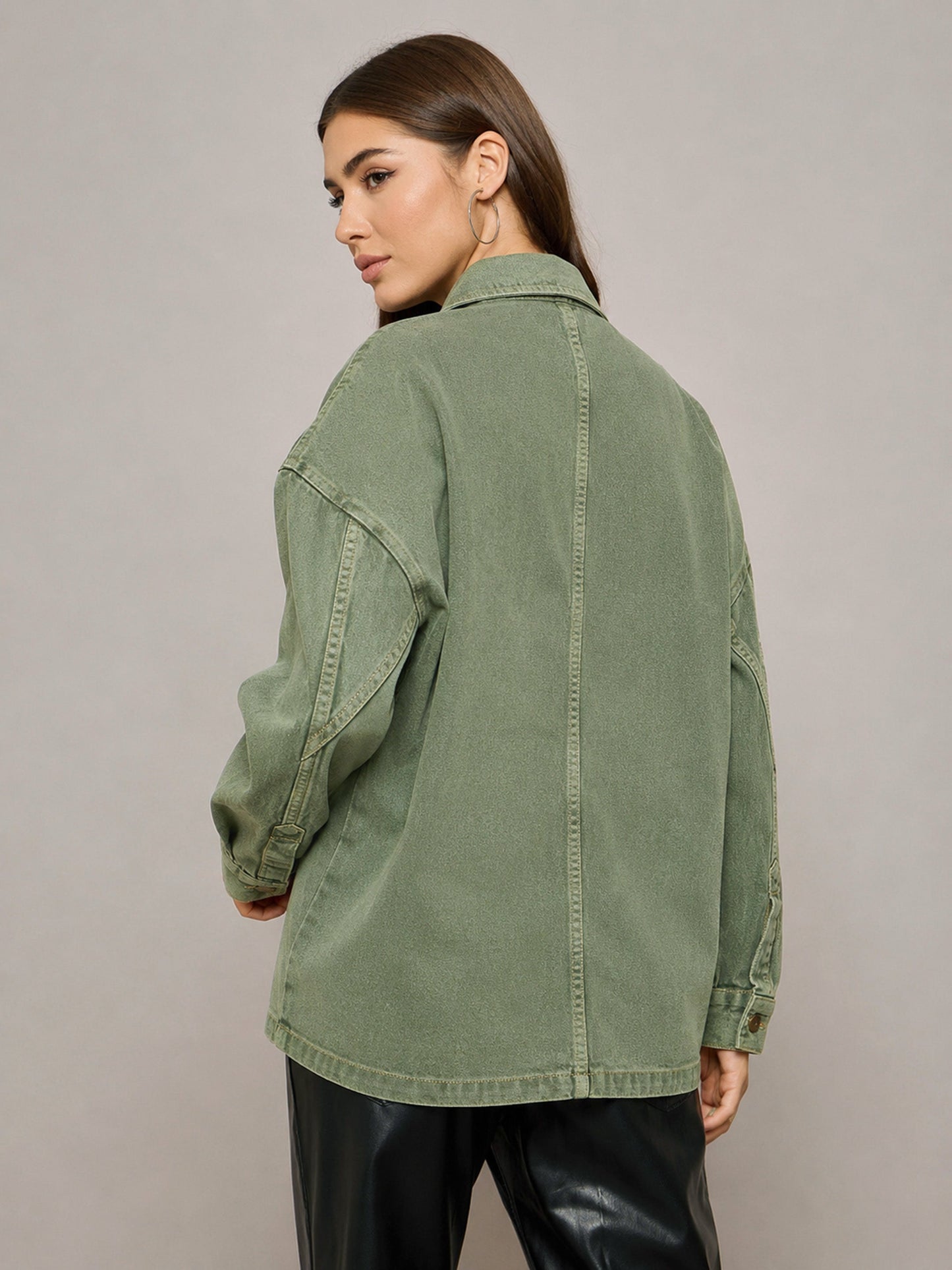 Women Green Denim Oversized Jacket