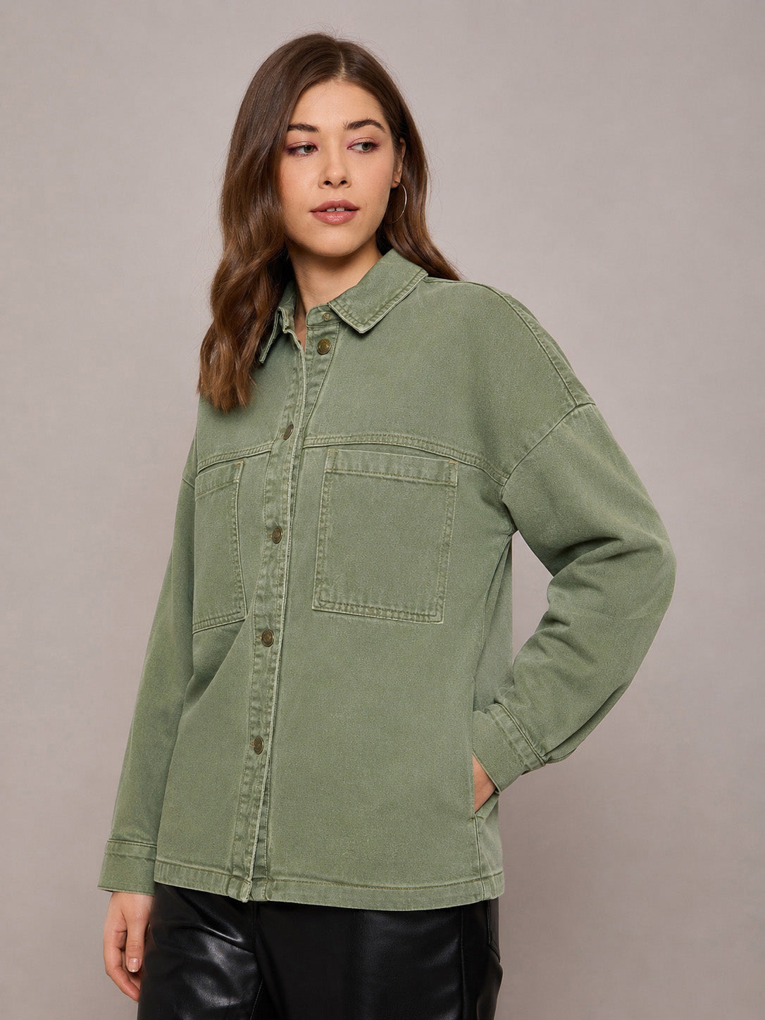Women Green Denim Oversized Jacket