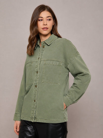 Women Green Denim Oversized Jacket