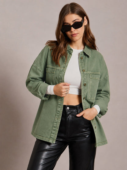 Women Green Denim Oversized Jacket