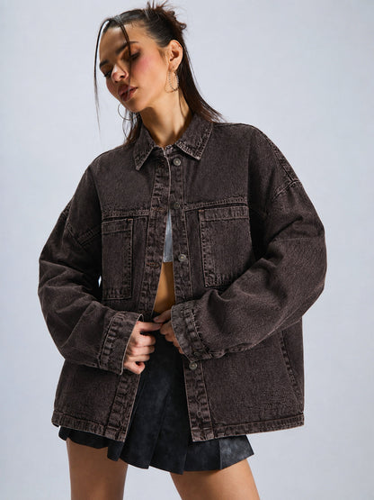 Women Brown Denim Oversized Jacket