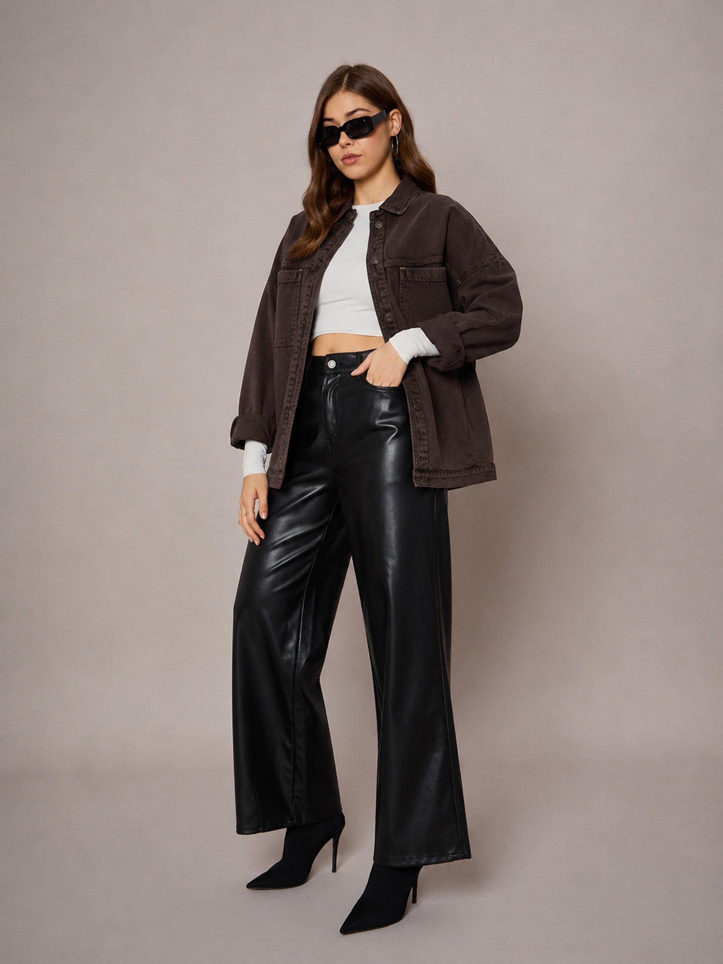 Women Brown Denim Oversized Jacket