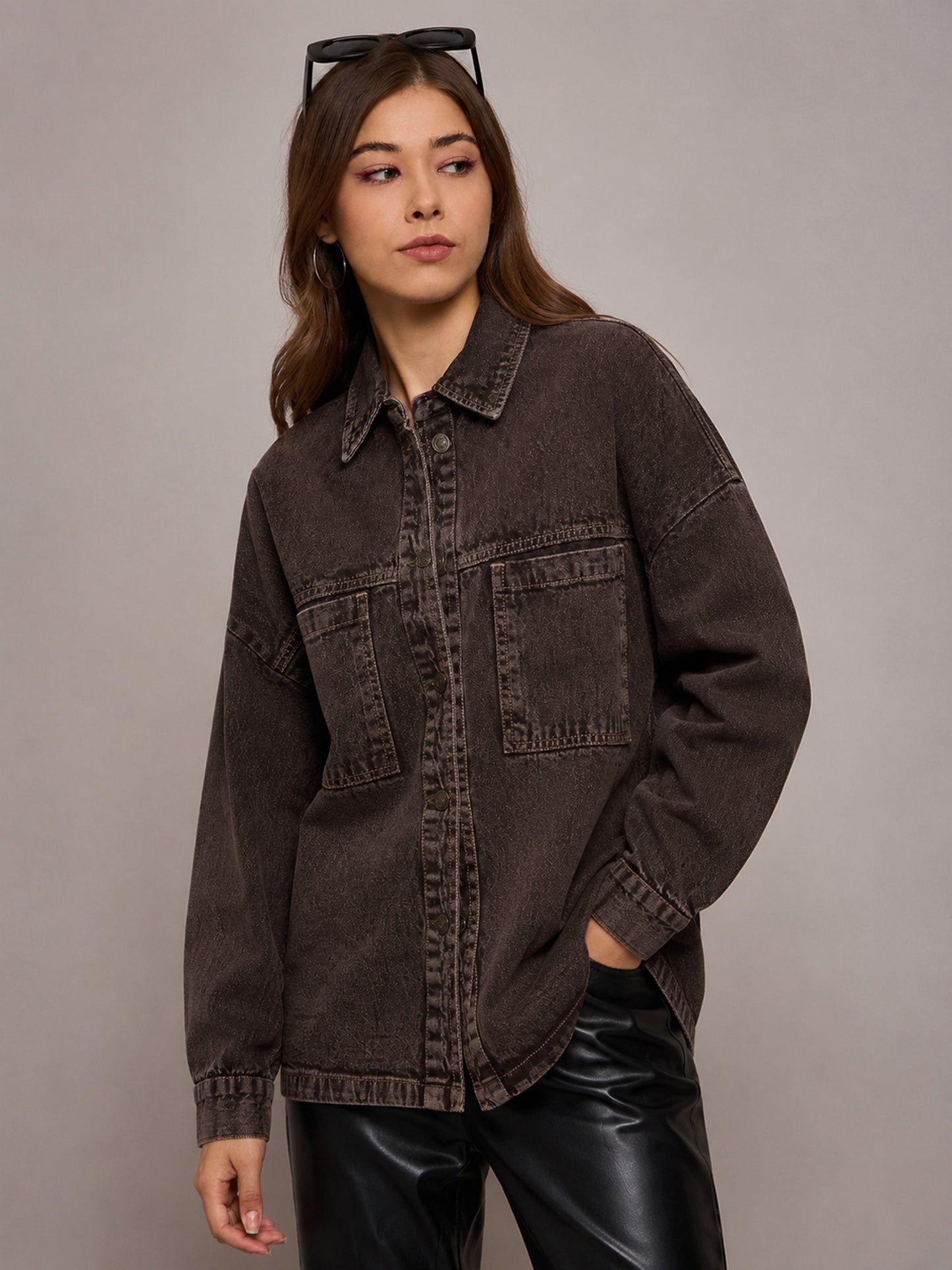 Women Brown Denim Oversized Jacket