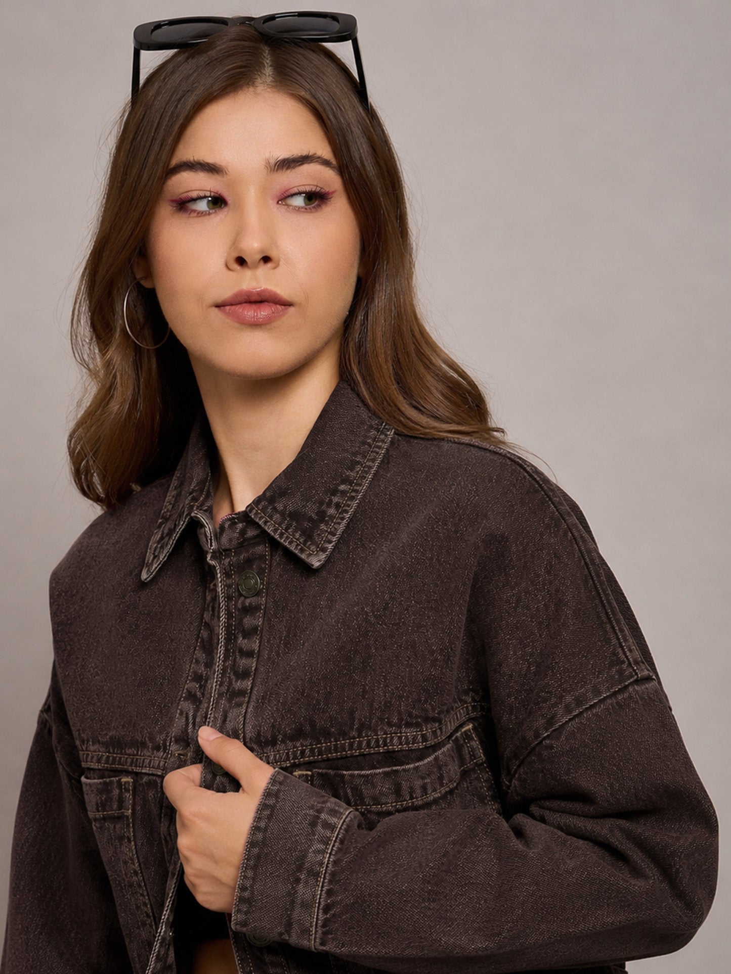 Women Brown Denim Oversized Jacket