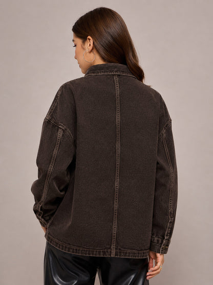 Women Brown Denim Oversized Jacket