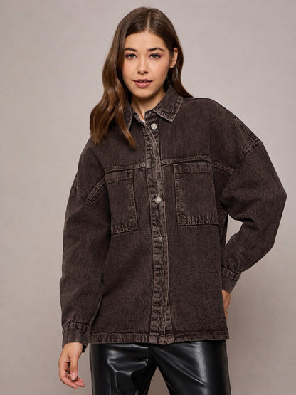 Women Brown Denim Oversized Jacket