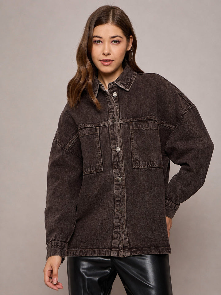 Women Brown Denim Oversized Jacket