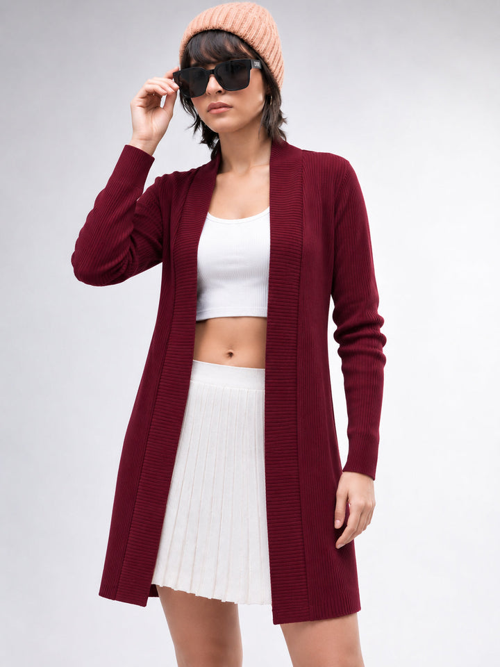Women Maroon Full Sleeves Rib Shrug